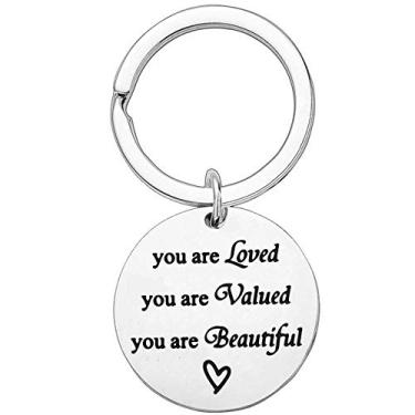 Imagem de Jude Jewelers Pingente de chaveiro de aço inoxidável inspirador mantra família mundo secreto dia dos pais, You Are Loved You Are Valued You Are Beautiful, 7