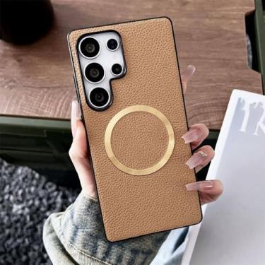 Imagem de Capa de celular magnética de couro com padrão de lichia fina para Samsung S25 S24 Plus FE S22 S23 Ultra A56 A36 A26 A16 Capa protetora híbrida, cáqui, para Galaxy S25Plus