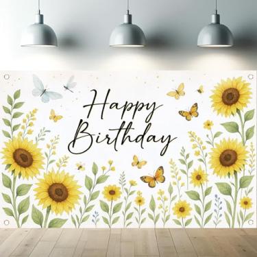 Imagem de Starlit Patio Faixa de fundo de girassol com estampa floral de borboleta para meninas, mulheres, crianças, decoração de festa no jardim, decoração de estande de fotos, adereços de estúdio, banner