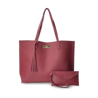 Imagem de Bolsa Tote Feminina Grande com Carteira, Couro Sintético Borgonha, Alça de Ombro com Tassel (BORDO)
