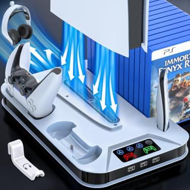 Imagem de Estação de resfriamento para suporte PS5 com estação de carregamento de controle para console PlayStation 5/digital, suporte de resfriamento para PS5, acessórios de ventilador para PS5 com 3 hubs USB