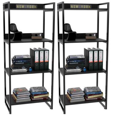 Imagem de Kit 2 Estantes Com 4 Prateleiras Escritório 146x60cm Preto