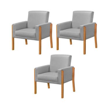 Imagem de Kit 3 Poltronas Sala De Espera Pés Em Madeira Santorini Linho Cinza - Cinza