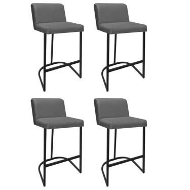 Imagem de Kit 04 Banquetas Com Encosto Confort Bistrô Cozinha Ferro Preto Sintético Cinza - Amey Decor