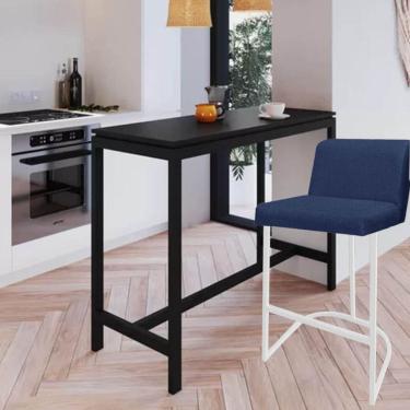 Imagem de Banqueta Com Encosto Noah Luxo Confort Bistrô Cozinha Ferro Branco Linho Azul Marinho - Amey Decor