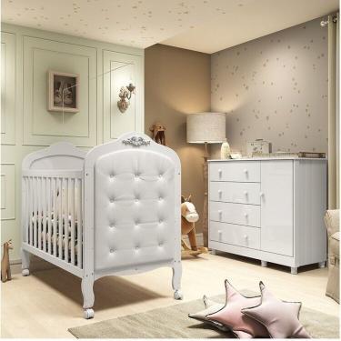 Imagem de Quarto De Bebê Com Cômoda 1 Porta 4 Gavetas E Berço Capitonê 100% Mdf Maya Clássico Espresso Móveis Branco