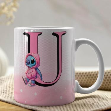Imagem de Caneca De Porcelana Stitch Letras A-z 325ml Rosa U
