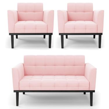 Imagem de Sofá Namoradeira E 2 Poltronas Base Madeira Preto Ana Suede Rosa Bebê - Ibiza