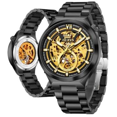 Imagem de OLEVS Relógio de pulso masculino esqueleto automático com corda automática, cristal de safira, aço inoxidável, 3AT, à prova d'água, luminoso, para negócios, Relógios de luxo: preto