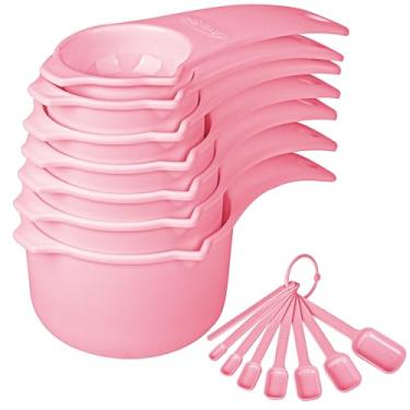 Imagem de Conjunto de 15 copos e colheres medidoras de plástico, métrico e rosa dos EUA para cozinha e assar, copo de 7 medidas e 7 colheres medidoras com nivelador para seco e líquido