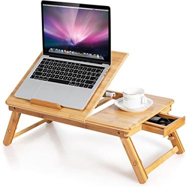 Imagem de Tangkula Mesa para laptop 100% bambu com parte superior inclinada e gaveta, bandeja portátil para servir café da manhã com orifícios de dissipação de calor, mesa de cama dobrável para surfe, leitura
