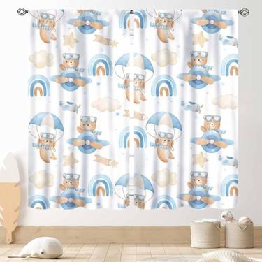 Imagem de Cortinas de urso de desenho animado, crianças, meninos, meninas, urso fofo, aventura, avião, nuvem, azul pastel, cortina, tratamentos para bebê, sala de estar, quarto, berçário, sala de aula, 2