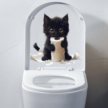 Imagem de Iprokiu Adesivo de tampa de vaso sanitário de animal engraçado à prova d'água desenho animado cachorro gato tampa de vaso sanitário dinossauro pato banheiro decalque adesivo de parede para casa (gato