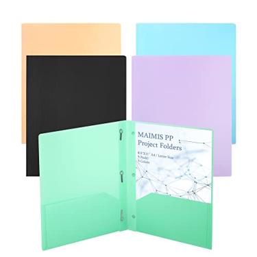 Imagem de Maimis Pastas de arquivo de plástico com bolsos – (pacote com 5, cores sortidas), pasta resistente com 3 furos e dois bolsos com bolsos, 3 garras Pastas de plástico colorido tamanho carta A4 pastas de plástico colorido para escola, escritório, casa