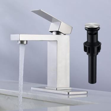 Imagem de SevenGelok Torneira de banheiro para pia de banheiro de 1 furo ou 3 furos Torneira de pia de banheiro de alça única SUS304 Torneira de pia de aço inoxidável com ralo pop-up com transbordamento