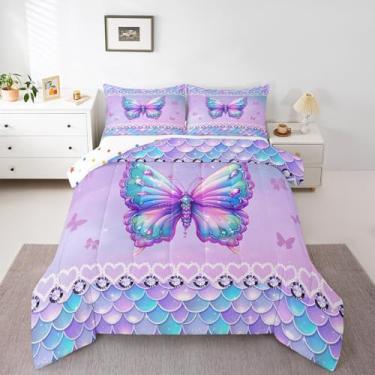 Imagem de Erosebridal Jogo de cama king size com borboleta, estampa de sereia, escamas de sereia, para quarto de crianças e mulheres, conjunto de edredom kawaii com coração, princesa sonhadora Maeine Life, roxo