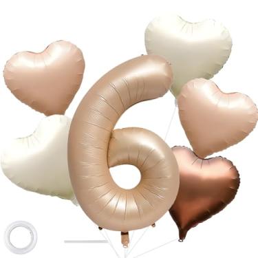 Imagem de Balões de aniversário caramelo número 6 de 101,6 cm marrom claro grande folha hélio mylar número balão com balões de coração para decoração de primeiro aniversário de 6 anos menina menino 6 anos