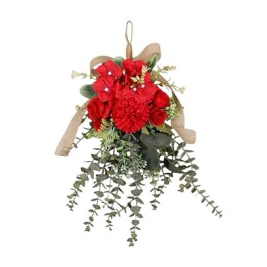 Imagem de Sclmgo Guirlanda de flores com crisântemo e eucalipto, decoração para porta da frente, guirlanda de flores em forma de lágrima para festa de aniversário, Vermelho