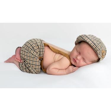 Imagem de Giggle Angel Conjunto de acessórios para fotografia de recém-nascidos, macacão para recém-nascido, fantasia de menino com boné, 0 a 1 mês (marrom)