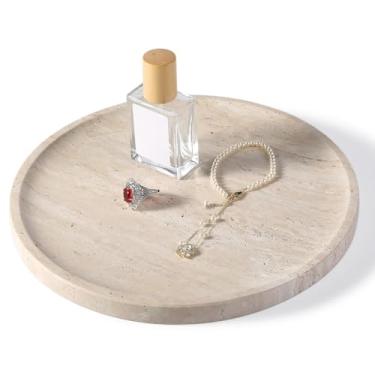 Imagem de Bandeja de travertino, bandeja redonda de mármore de 25 cm para banheiro, cômoda de cozinha e decoração de mesa de centro, bandeja decorativa de pedra para joias, perfume, cosméticos, organizador de