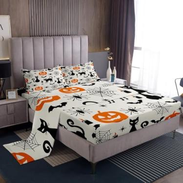 Imagem de Feelyou Jogo de lençol casal com decoração de gato preto, abóbora, fantasma, gatos, crianças, adolescentes e adultos, tema de festival de Halloween, preto e laranja