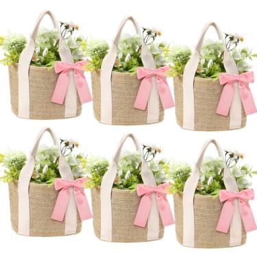 Imagem de Clysee 6 peças de bolsas de praia de palha de dama de honra, sacolas reutilizáveis de serapilheira com alças para presentes de casamento de despedida de solteira (branco, rosa)