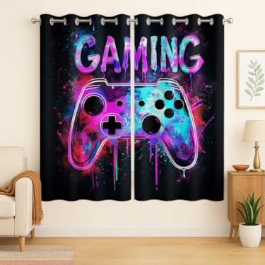 Imagem de CZROUZ Cortina para jogos, controle de videogame moderno neon moderno, cortinas com ilhós para janelas de mesa de jogos ou dormitório pequeno, conjunto de 2 painéis, 106 x 111 cm, cortinas escurecidas
