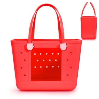 Imagem de UeKeKicg Bolsa de praia de borracha – Bolsa de viagem grande à prova d'água para mulheres, bolsa lavável para esportes, praia, mercado, piscina, Vermelho, Sacos de piscina impermeáveis