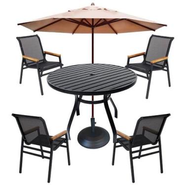 Imagem de Jogo de Mesa 90cm Alumínio 4 Cadeiras Piscina Jardim + Guarda Sol - No