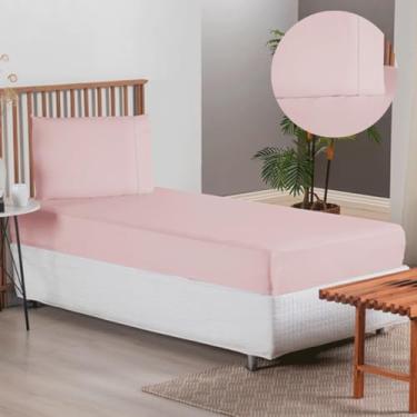Imagem de Jogo De Cama Solteiro Kit 2 Peças Lençol Elástico E Fronha Com Ponto Palito Percal 300 Fios Toque Suave Macio (Lençol Rosa)