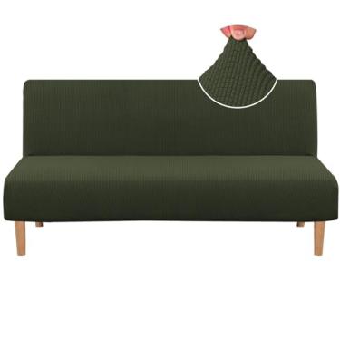 Imagem de H.VERSAILTEX Capa protetora elástica para futon sem braços para sofá-cama com textura rica, alto elastano, tecido jacquard, pequena xadrez, lavável na máquina, verde-oliva