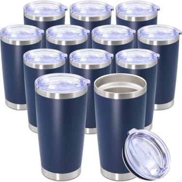 Imagem de Copo de 590 ml, copo de aço inoxidável a granel com tampa, isolado a vácuo, parede dupla, caneca de viagem, copo de café, durável, revestido em pó, para bebidas quentes e frias, azul marinho, pacote