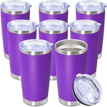 Imagem de Copo de 590 ml de aço inoxidável a granel com tampa, caneca de viagem de parede dupla isolada a vácuo, durável, revestida em pó, caneca para bebidas quentes e frias, roxo, pacote com 8