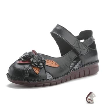 Imagem de Sandálias femininas de couro genuíno com flor vazada, fundo plano, retrô, fechada, bico redondo, confortável, macio, gancho e laço para o verão, lazer, férias na praia, Preto, 36