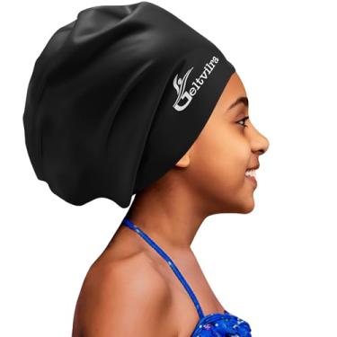 Imagem de Touca de natação extra grande para crianças negras de 4 a 16 anos com tranças de cabelo longo, chapéu de natação de silicone impermeável, turbante, proteção de cabelo para meninos, crianças e jovens