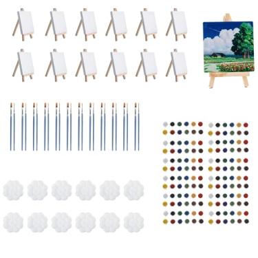 Imagem de AILOVE Kit de arte de pintura acrílica de 12 peças: Mini telas esticadas de 10 x 10 cm com cavaletes, tiras de tinta, pincéis, paleta | Materiais de arte para crianças, adultos, sala de aula