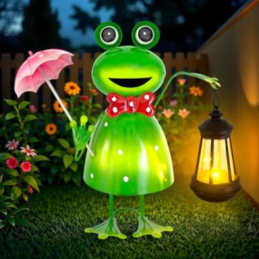 Imagem de Estátua de sapo com luzes solares de jardim com lanternas solares, decoração de jardim de sapo de 39,7 cm de altura, estatuetas de forg para ambientes externos, enfeites de gramado, presentes para