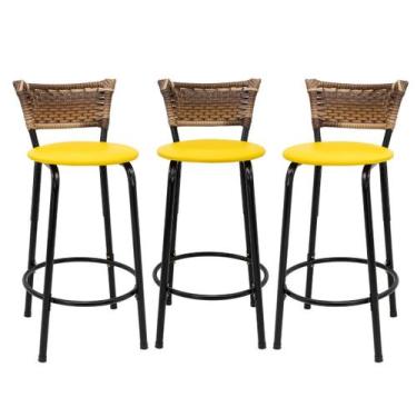 Imagem de Kit 3 Banquetas Para Balcão 60cm Preta Junco Cappuccino Balcão Bistrô 