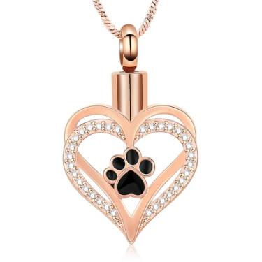 Imagem de Yinplsmemory Joias de cremação de coração com urna com estampa de pata para cinzas para animais de estimação humanos, memoriais, cinzas, colar de lembrança para cão/gato
