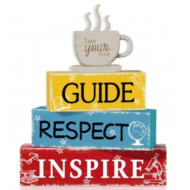 Imagem de 4 peças de decoração de mesa de madeira guia de xícara de café Respeito inspirar bloco pilha placa central placas em camadas decorações para escritório sala de aula professor agradecimento presente