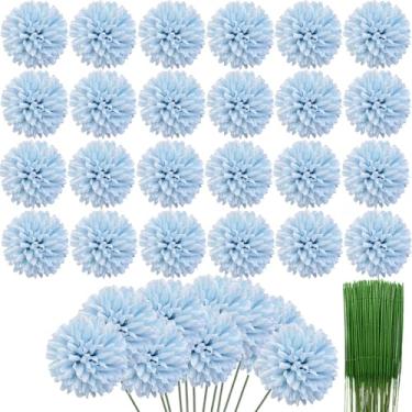 Imagem de HinyoCo 36 peças de crisântemos artificiais com cabeças de flores, buquê de bola de crisântemo de seda, buquês brancos de hortênsia para casa, escritório, cafeteria, festas e casamentos (azul)