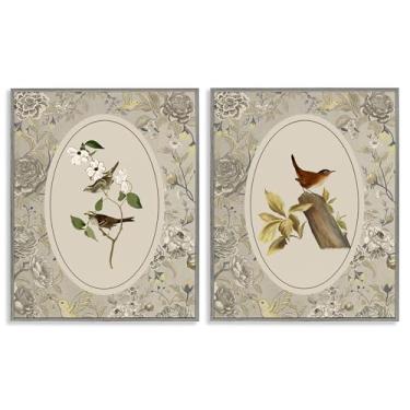 Imagem de Stupell Industries Conjunto de arte giclée emoldurado cinza vintage Birds & Toile de 2 peças por Radhika Modi, 14 x 11