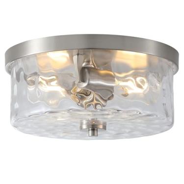 Imagem de Litaddscen Luminária de teto de vidro martelado de níquel escovado, montagem embutida, 2 luzes modernas, para cozinha, corredor, quarto, hall de entrada antigo