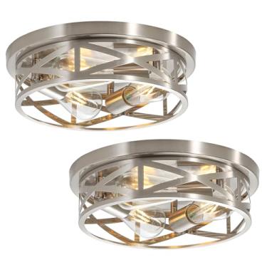 Imagem de DOXVIEZE Luzes de teto de montagem embutida de níquel escovado de 33 cm, luminária de teto com gaiola moderna, base E26, luzes de teto de metal para cozinha, corredor, quarto, sala de estar