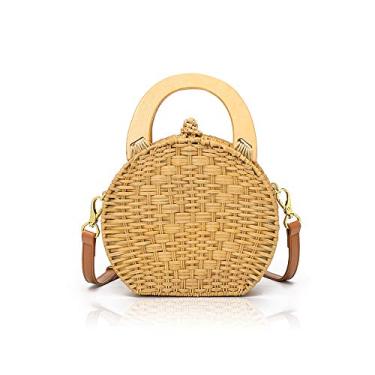 Imagem de QTKJ Bolsa de mão redonda de madeira de ratão, bolsa de mão para o verão, palha de praia, bolsa transversal, bolsa de ombro com alça de ombro de couro ajustável removível