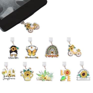 Imagem de THSOGO 9 peças de pingentes de plugue de poeira para leitor/Kindle, girassol fofo - plugues de poeira temáticos compatíveis com porta de carregamento tipo C, presente para amantes de girassol