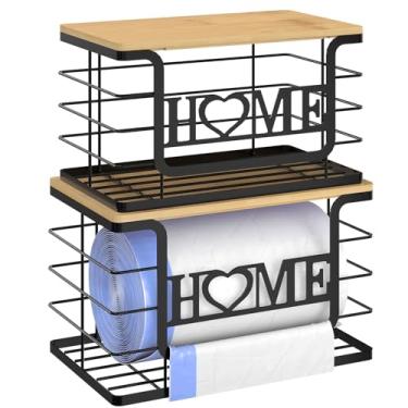 Imagem de Pacote com 2 organizadores de saco de lixo com parte superior de bambu, armazenamento de saco de lixo de montagem na parede para sacos de 13-33 galões (preto, pacote com 2)