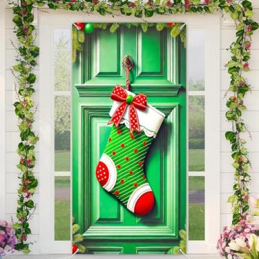 Imagem de BlissYard Merry Christmas Capa de porta de 89 x 188 cm para decoração de banners de porta de varanda de inverno verde vermelho com laço de bolinhas para fundo de sinalização decoração de festa de