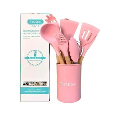 Imagem de Kit Cozinha Completo 12 Peças Silicone Rosa Cabo De Madeira - Minimen