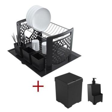 Imagem de Kit Cozinha Escorredor Coração + Lixeira 5,4l + Dispenser Preto - STOL